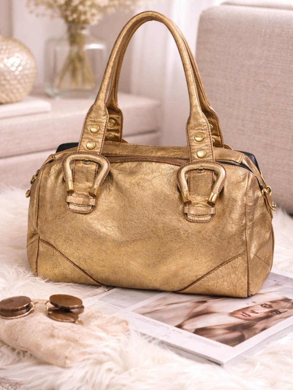 Francesco Biasia Gold Metallic Leather Shoulder structured Tote Bag